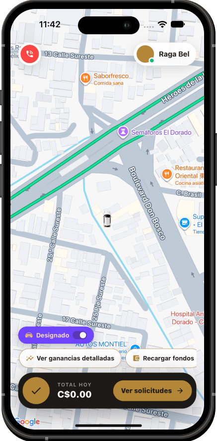 App del conductor con el modo Designado activo
